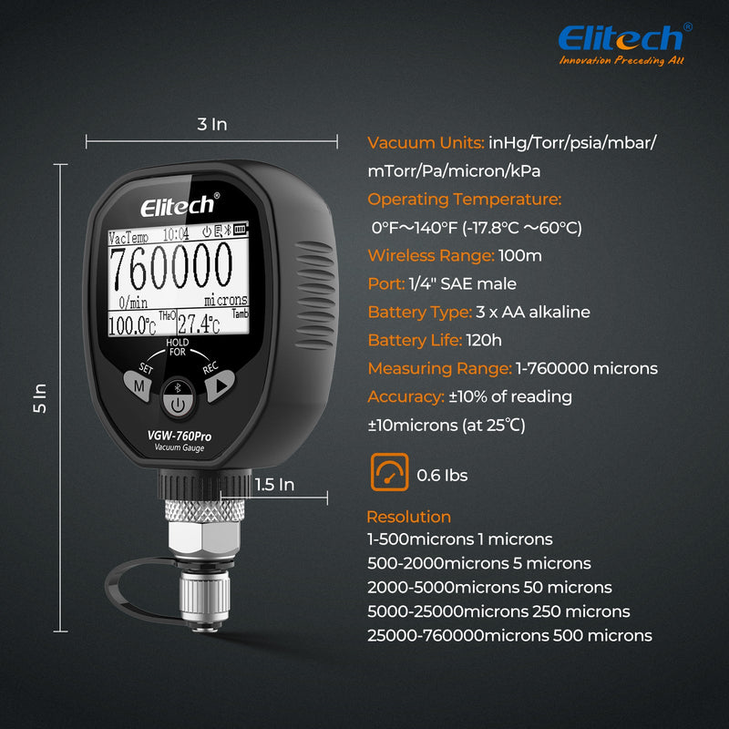 Elitech Full - Range Micron Gauge, Wireless Digital Vacuum Gauge with Adaptor Pressure Tester Meter HVAC, Alarms via APP, Offline Recording, 1/4" SAE, VGW - 760Pro - Elitech Technology, Inc.