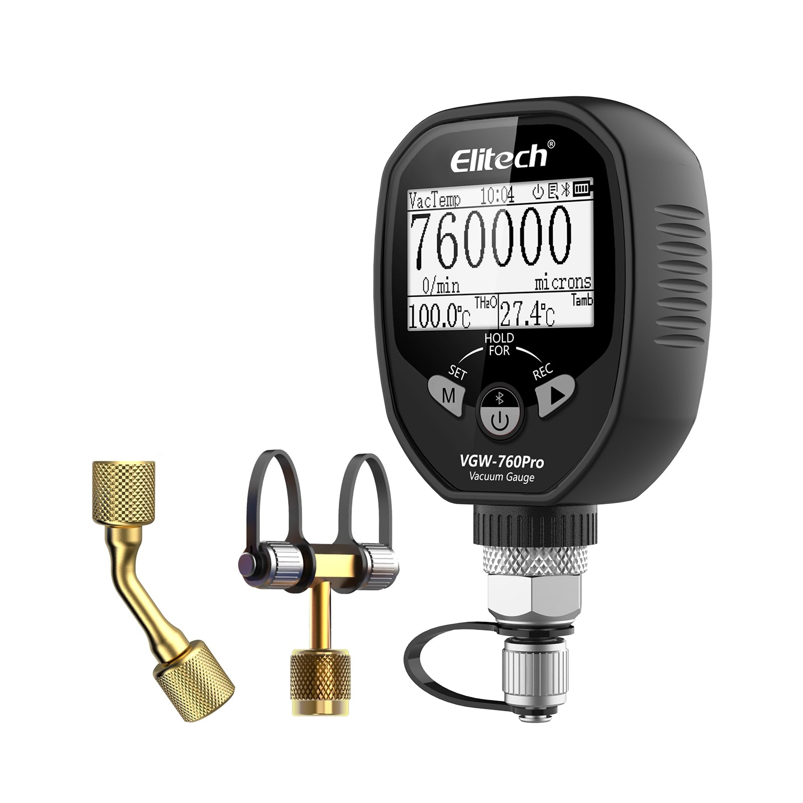 Elitech Full - Range Micron Gauge, Wireless Digital Vacuum Gauge with Adaptor Pressure Tester Meter HVAC, Alarms via APP, Offline Recording, 1/4