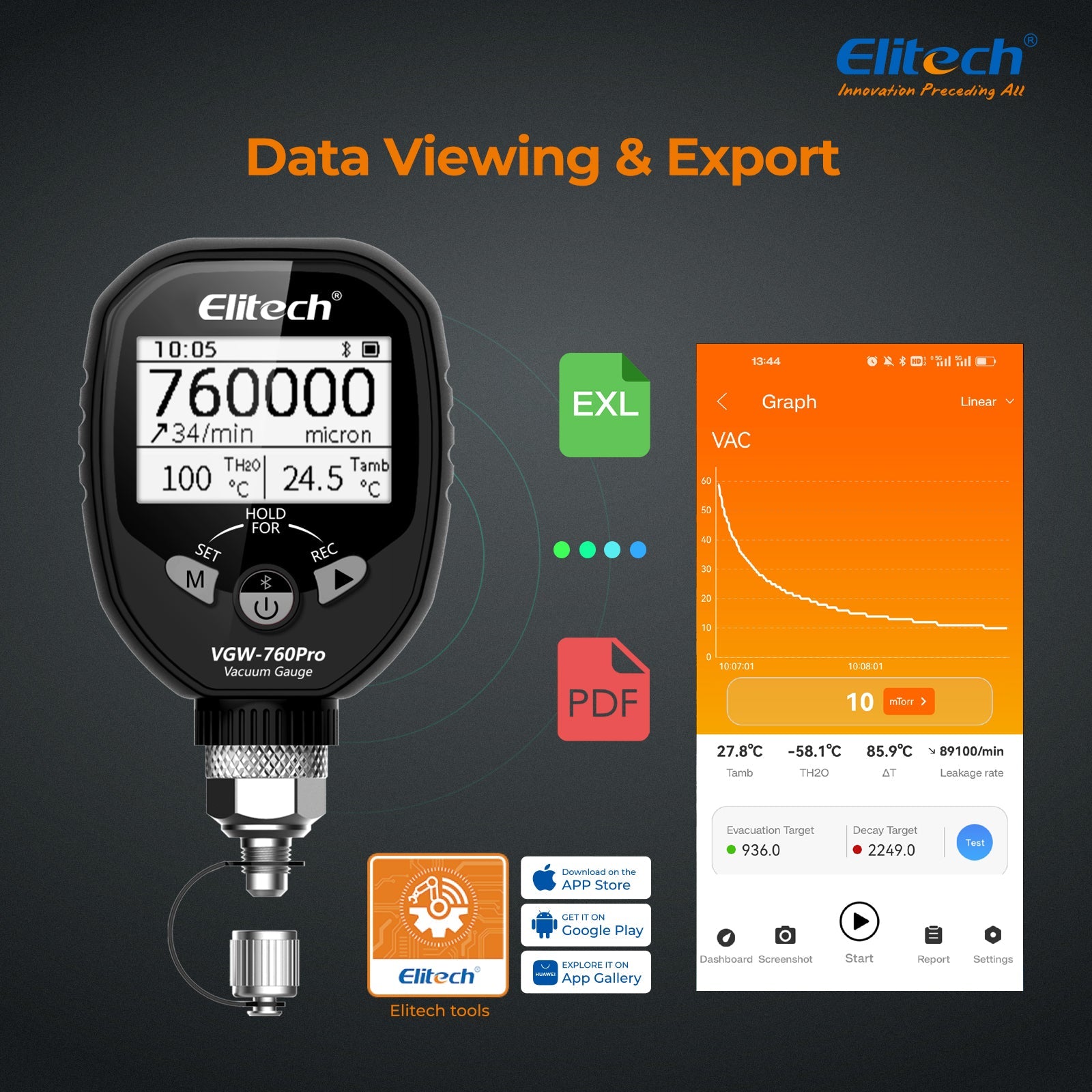 Elitech Full - Range Micron Gauge, Wireless Digital Vacuum Gauge with Adaptor Pressure Tester Meter HVAC, Alarms via APP, Offline Recording, 1/4