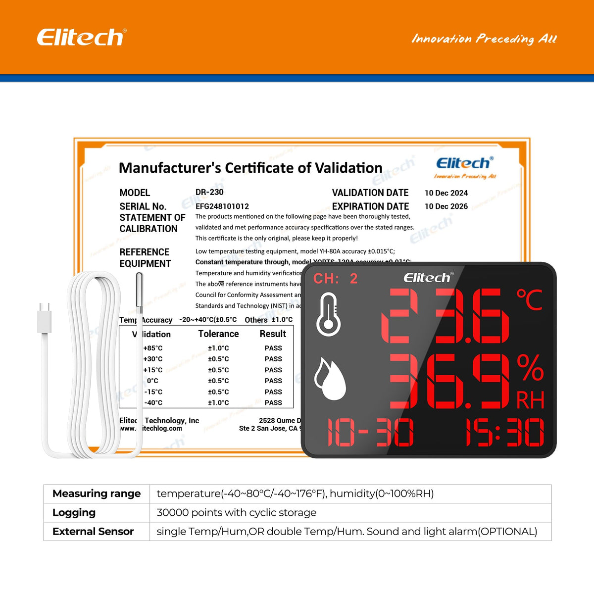 Elitech High Accuracy Digital Hygrometer Thermometer Bluetooth Data Logger 30000 Points, Humidity Temperature Monitor With Calibration Certificate for Audit, For Greenhouse/ Warehouse/ Lab/ Hospital DR - 230 - Elitech Technology, Inc.