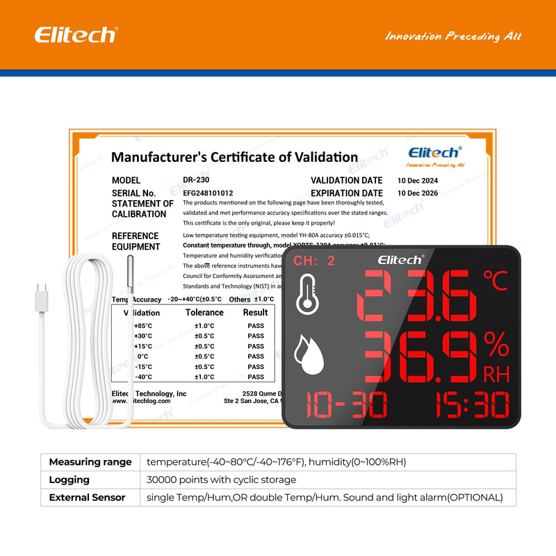 Elitech WiFi Real - time High Accuracy Digital Thermometer Hygrometer Data Logger 30000 Points, Humidity Temperature Monitor With Calibration Certificate for Audit, For Greenhouse/ Warehouse/ Lab/ Hospital DR - 230W - Elitech Technology, Inc.