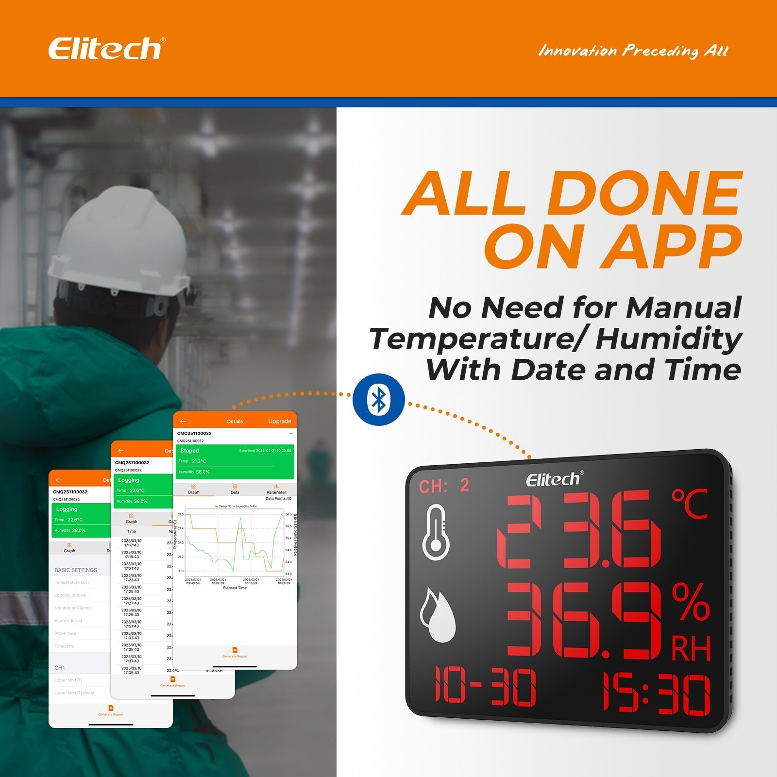 Elitech High Accuracy Digital Hygrometer Thermometer Bluetooth Data Logger 30000 Points, Humidity Temperature Monitor With Calibration Certificate for Audit, For Greenhouse/ Warehouse/ Lab/ Hospital DR - 230 - Elitech Technology, Inc.