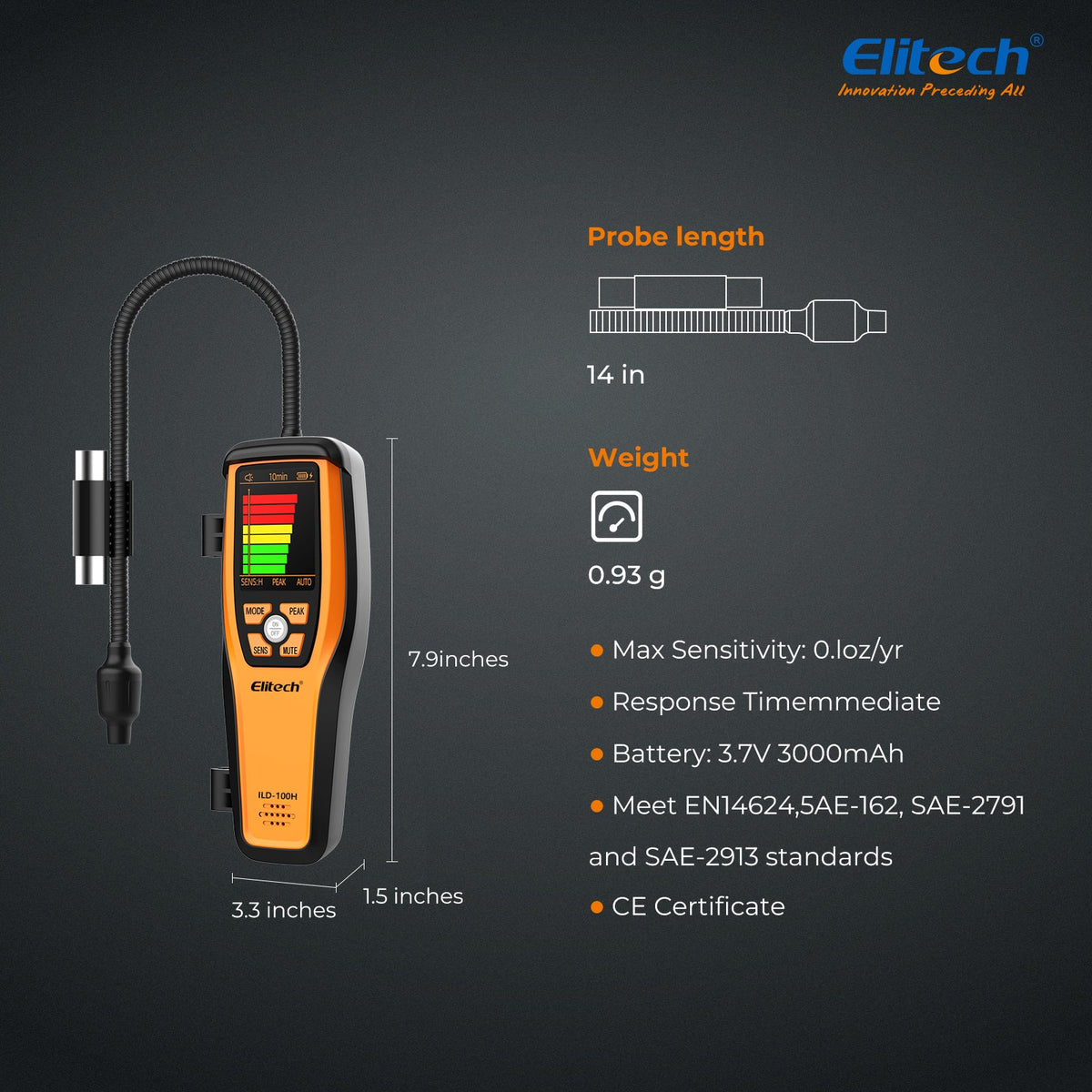 Elitech HVAC Refrigerant Leak Detector Heated Diode Sensor Life Halogen Freon Sniffer, Air Conditioning Detection, Automotive Gas Finder, R22 R410A R134A R1234YF CFCs HCFCs HFCs, ILD-100H - Elitech Technology, Inc.