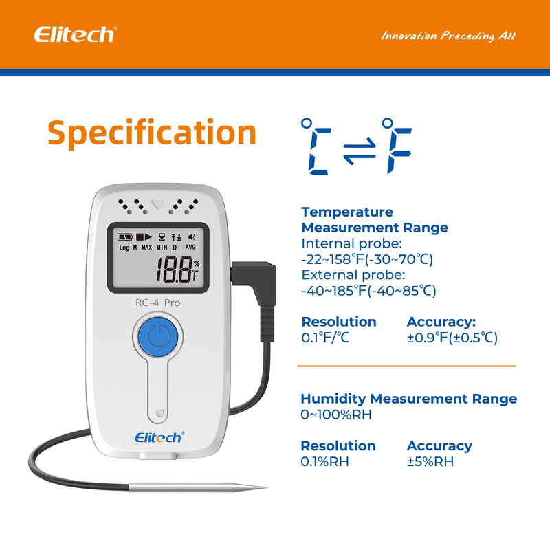 Elitech PDF USB Digital Temperature Data Logger Reuseable Recorder DDL 64000 Points High Accuracy, Shadow Data, Built - in Buzzer, Auto PDF CSV Report, Windows/MacOS Software, RC - 4 Pro, RC - 4H Pro - Elitech Technology, Inc.