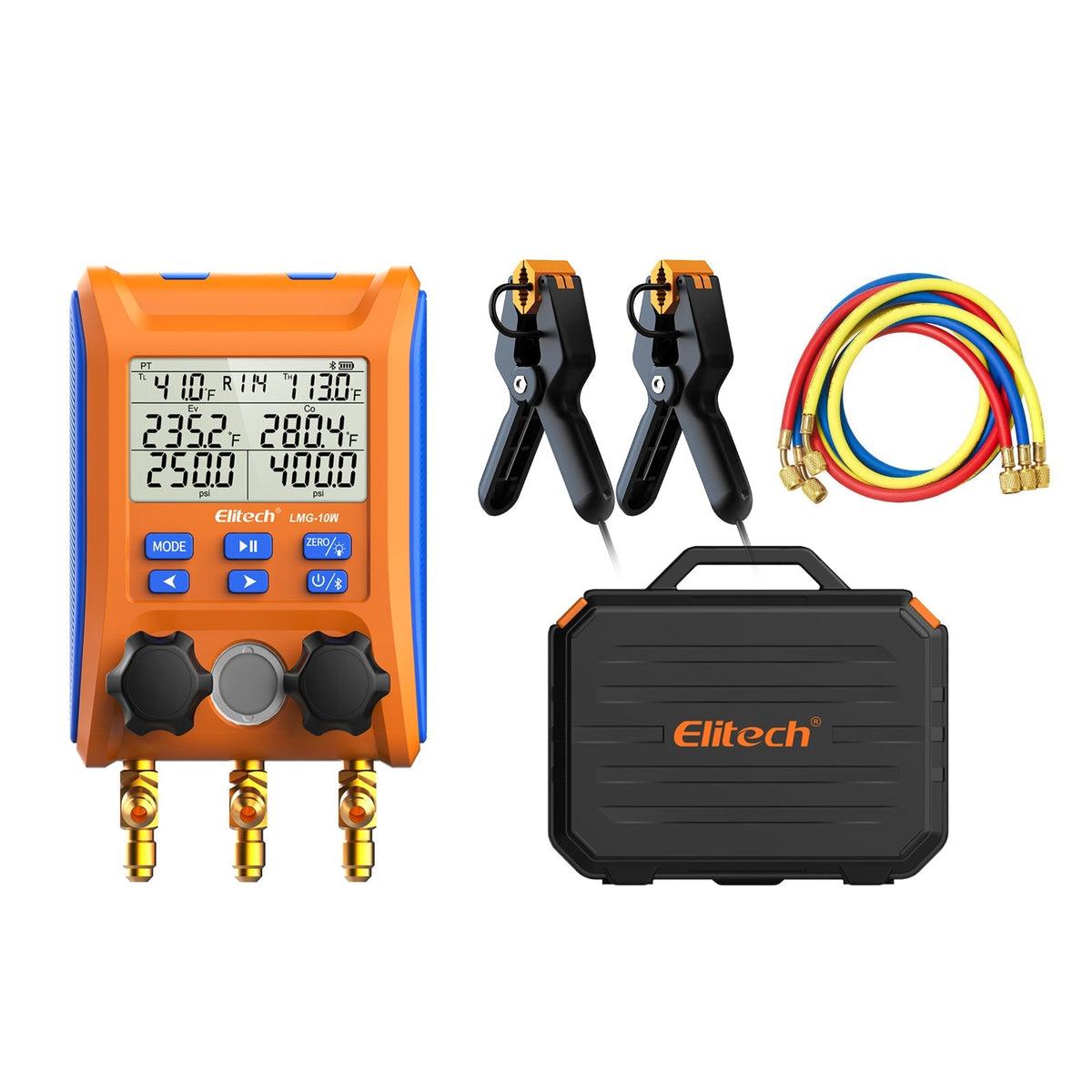 Elitech Updated Solution Pack - LMG-10W Digital Manifold Gauge+LMC-100F+ Refrigerant Charging Scale+ILD-200 Infrared Refrigerant HVAC Leak Detector +SVP-7 Intelligent HVAC Vacuum Pump - Elitech Technology, Inc.