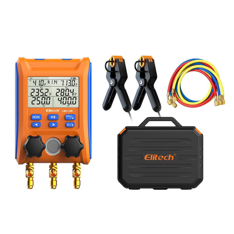 Elitech Updated Solution Pack - LMG-10W Digital Manifold Gauge+LMC-210 Refrigerant Charging Scale+ILD-200  Infrared Refrigerant HVAC Leak Detector +SVP-7 Intelligent HVAC Vacuum Pump