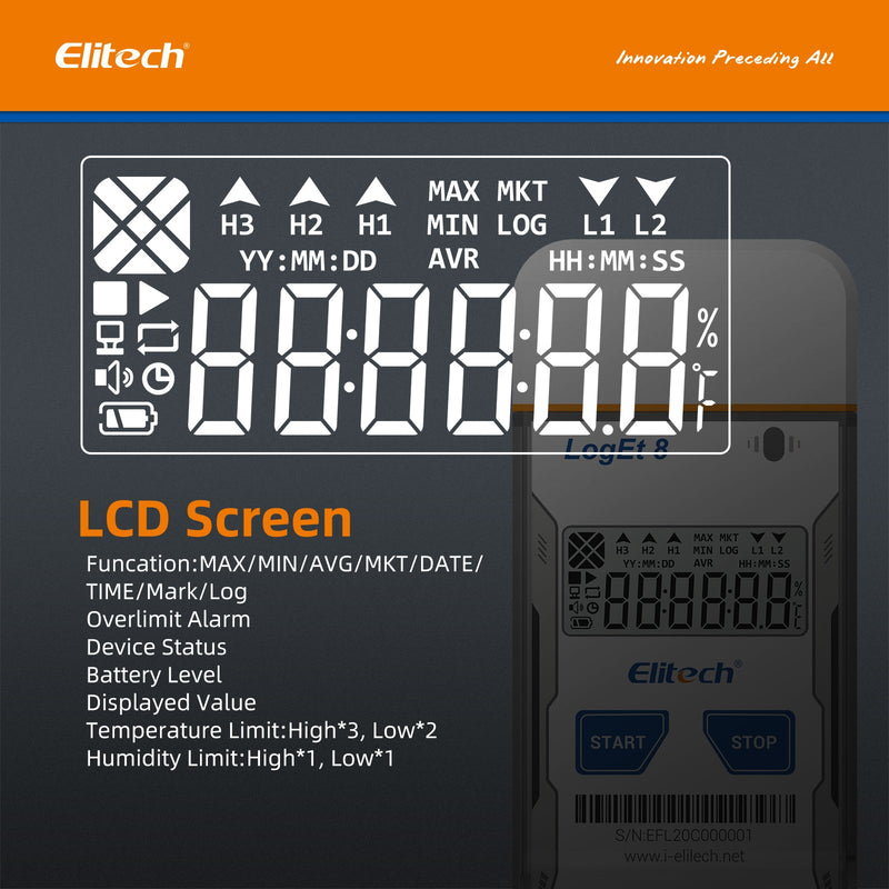 Elitech USB Temperature Data Logger Reusable Temperature Recorder Refrigerator Thermometer High Accuracy External Temperature Sensor, Auto PDF Report USB Port 32000 Points LogEt 8 PTE, - 85～150℃ - Elitech Technology, Inc.