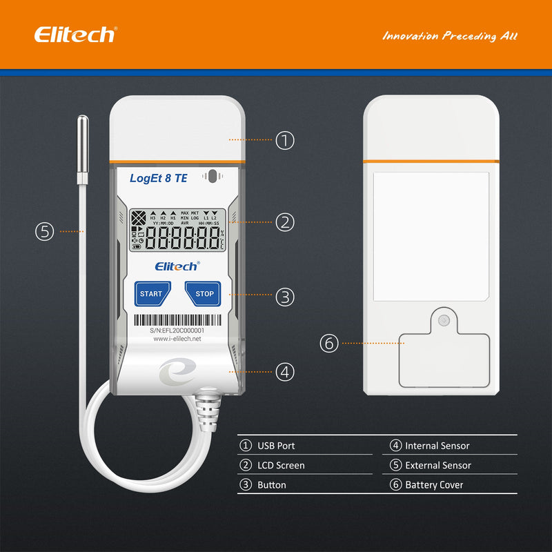 Elitech USB Temperature Data Logger Reusable Temperature Recorder Refrigerator Thermometer High Accuracy External Temperature Sensor, Auto PDF Report USB Port 32000 Points LogEt 8 PTE, - 85～150℃ - Elitech Technology, Inc.