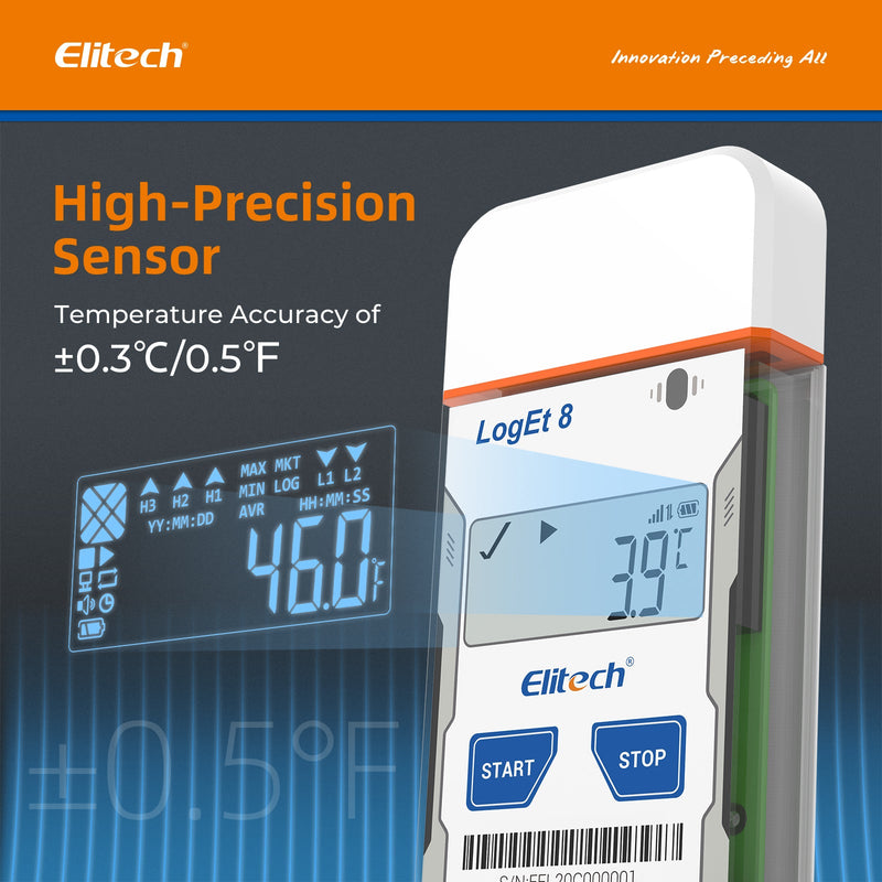 Elitech USB Temperature Data Logger Reusable Temperature Recorder Refrigerator Thermometer High Accuracy External Temperature Sensor, Auto PDF Report USB Port 32000 Points LogEt 8 PTE, - 85～150℃ - Elitech Technology, Inc.