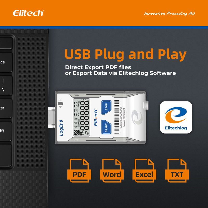 Elitech USB Temperature Data Logger Reusable Temperature Recorder Refrigerator Thermometer High Accuracy External Temperature Sensor, Auto PDF Report USB Port 32000 Points LogEt 8 PTE, - 85～150℃ - Elitech Technology, Inc.
