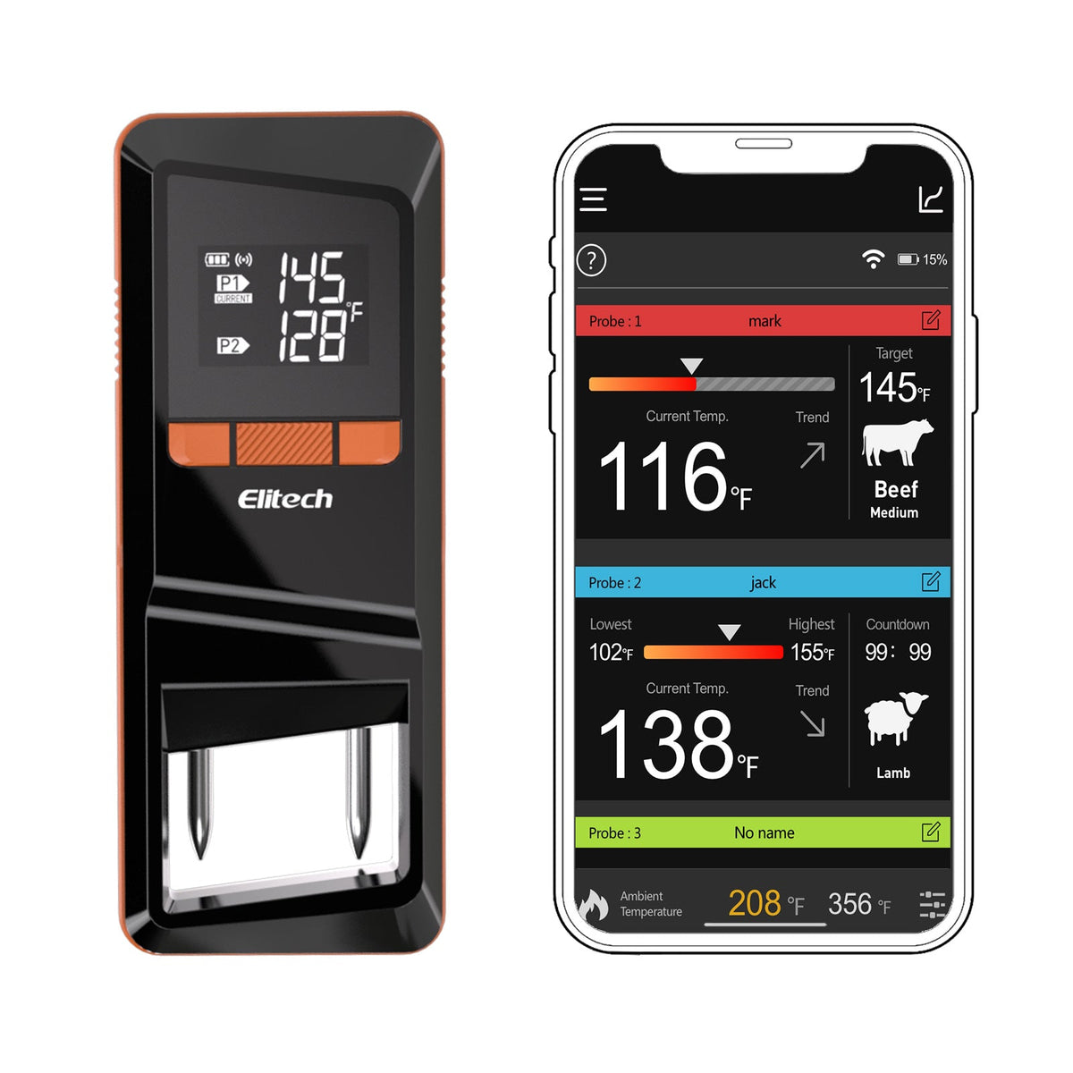 Elitech WMT - 20 Wireless Smart Meat Thermometer, Dual - Probe Bluetooth Grill Thermometer with LCD Display and ToGrill App, for Oven, BBQ, Kitchen, and Outdoor Cooking, - Elitech Technology, Inc.
