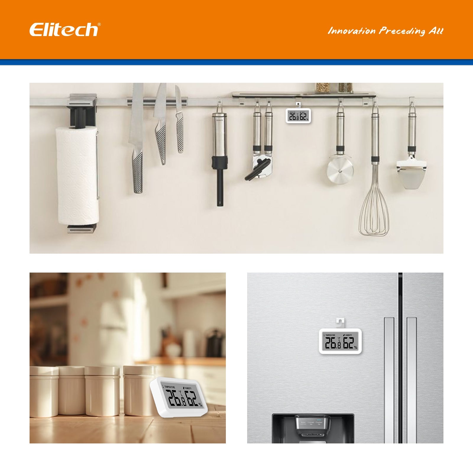 (Pre - order) Elitech Fridge Thermometer Hygrometer Digital Freeze Refrigerator Thermometer Waterproof Large LCD Display TM - 2TH - Elitech Technology, Inc.