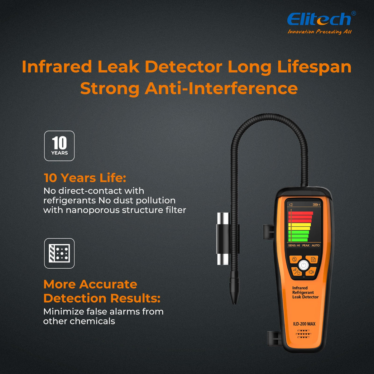 (Pre - order) Elitech Infrared Refrigerant Leak Detector ILD - 200 max High - Precision HVAC/R Leak Detection, 10 - Year Sensor Lifetime, 1g/a Ultra - Low Detection, 4 Sensitivity Levels, Rechargeable Battery, TFT Display & Sound Alarm - Elitech Technology, Inc.
