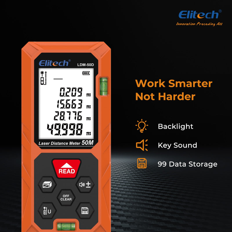 (Pre - order) Elitech Laser Distance Meter 165ft, Digital Measure Tool with Area/Volume/Pythagoras Mode, Backlit LCD, 99 Data Records, ±2mm Accuracy, Ft/In/M Unit Switch, Ideal for Home DIY & Interior Design – LDM - 50D - Elitech Technology, Inc.
