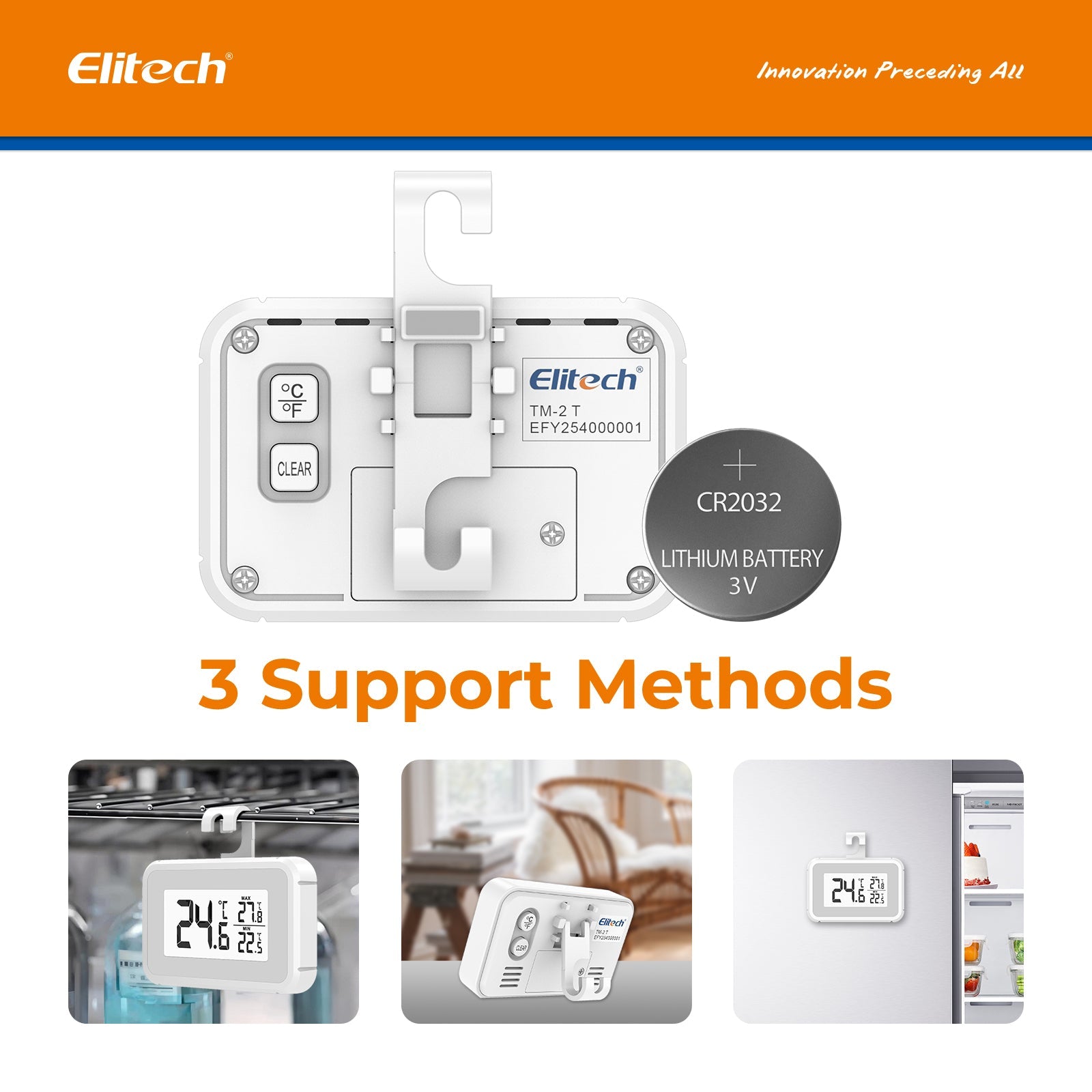 （Pre - order）Elitech Fridge Thermometer Digital Freeze Refrigerator Thermometer Waterproof Large LCD Display Max/Min Record Function TM - 2T - Elitech Technology, Inc.