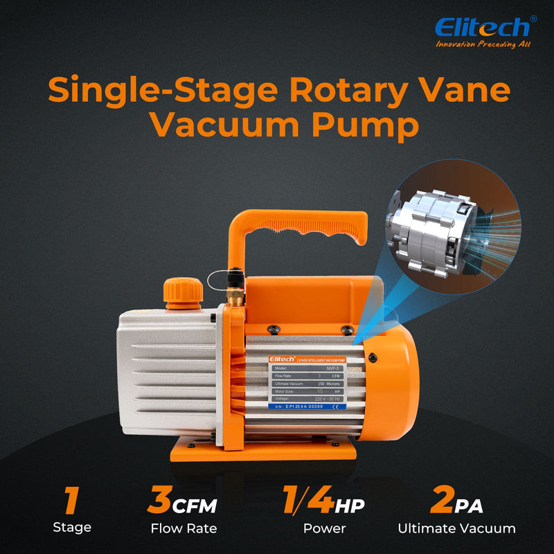Elitech NVP-3 HVAC Vacuum Pump 3CFM 1.5L/S 1/4HP Single Stage Rotary Vane Air Vacuum Pump for HVAC and Refrigeration Systems,  Durable and Easy to Maintain