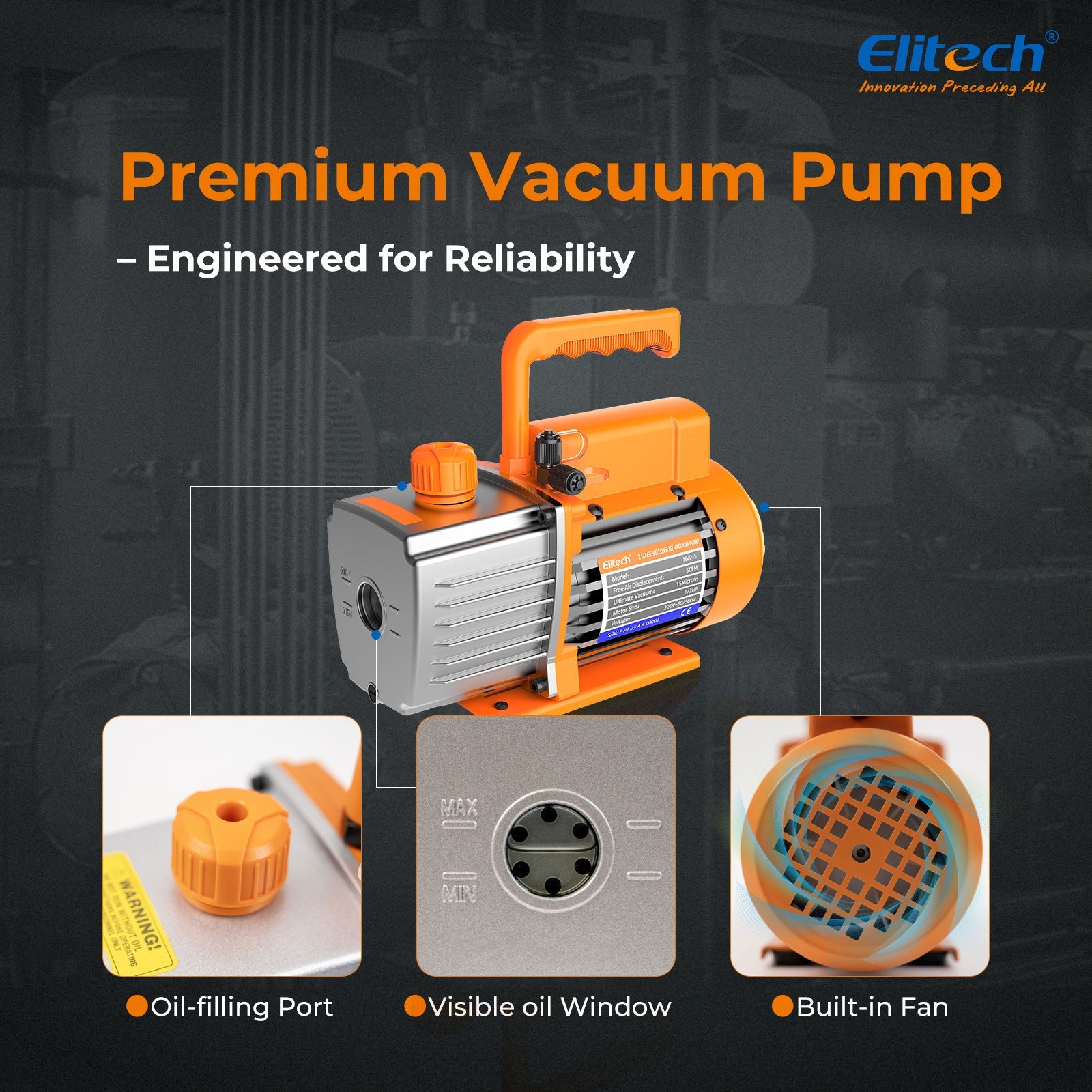 (Pre - order)Elitech NVP - 3 HVAC Vacuum Pump 3CFM 1.5L/S 1/4HP Single Stage Rotary Vane Air Vacuum Pump for HVAC and Refrigeration Systems, Durable and Easy to Maintain - Elitech Technology, Inc.