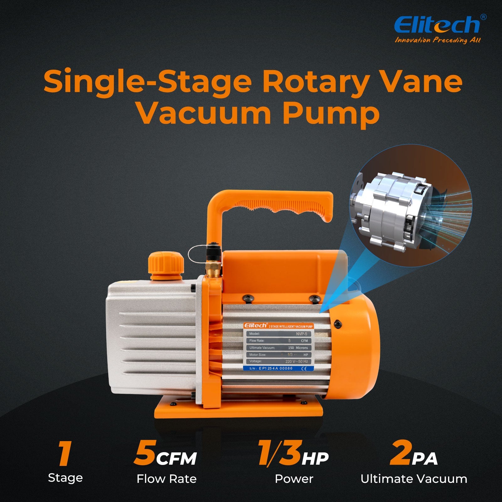 (Pre - order)Elitech NVP - 5 HVAC Vacuum Pump 5CFM 2L/S 1/3HP Single Stage Rotary Vane Air Vacuum Pump for HVAC and Refrigeration Systems, Durable and Easy to Maintain - Elitech Technology, Inc.