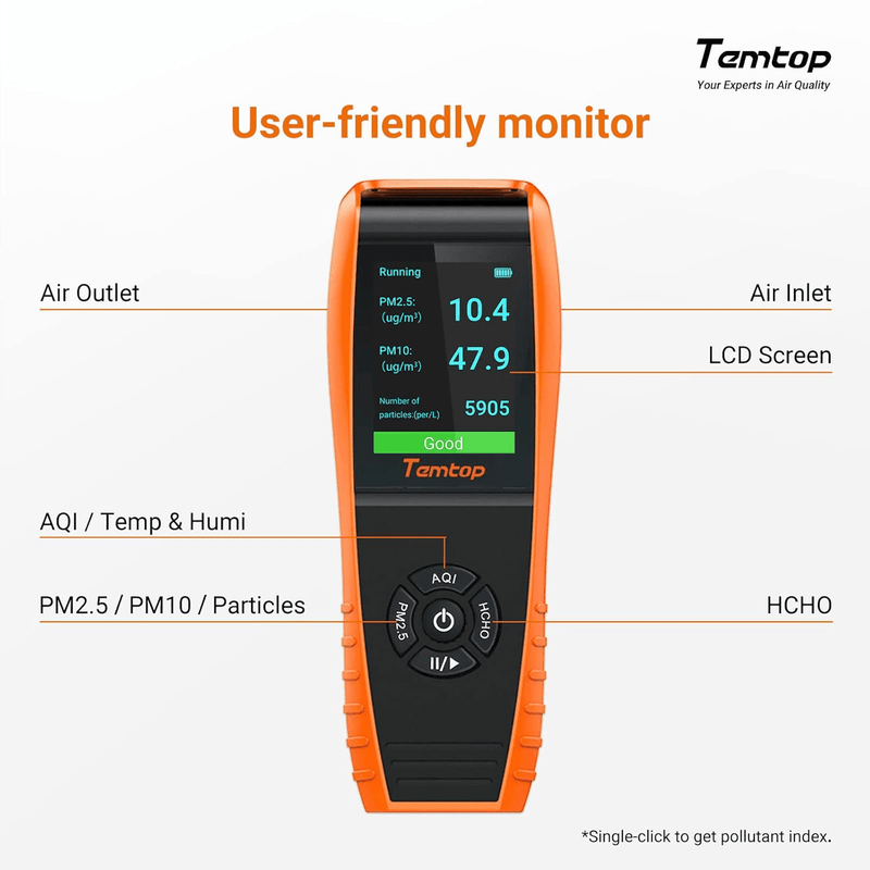 Temtop Air Quality Monitor Professional PM2.5 PM10 Particle Counter LKC - 1000S 2nd, Formaldehyde, Temperature, Humidity, AQI Tester for Indoor/Outdoor Air Pollution Detection w/Data Export - Elitech Technology, Inc.