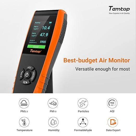Temtop Air Quality Monitor Professional PM2.5 PM10 Particle Counter LKC - 1000S 2nd, Formaldehyde, Temperature, Humidity, AQI Tester for Indoor/Outdoor Air Pollution Detection w/Data Export - Elitech Technology, Inc.