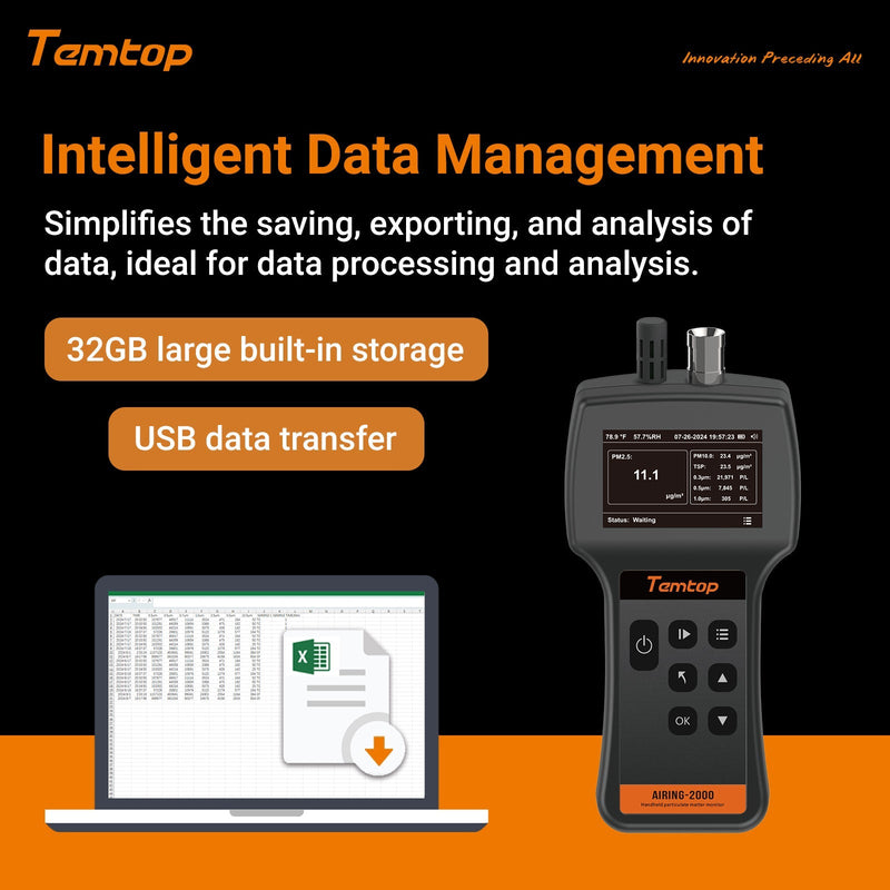 Temtop Airing 2000 3 - channel Handheld Particle Counter Dust Monitor with Pumped PM Sensor, Three Outputs of Particle Numbers 0.3μm, 0.5μm, 1.0μm, Concentrations of Three Particles Types PM2.5, PM10, TSP, Temp & Humidity Detector - Elitech Technology, Inc.