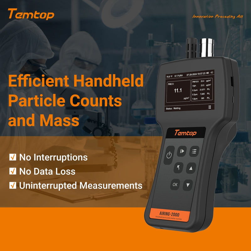Temtop Airing 2000 3 - channel Handheld Particle Counter Dust Monitor with Pumped PM Sensor, Three Outputs of Particle Numbers 0.3μm, 0.5μm, 1.0μm, Concentrations of Three Particles Types PM2.5, PM10, TSP, Temp & Humidity Detector - Elitech Technology, Inc.