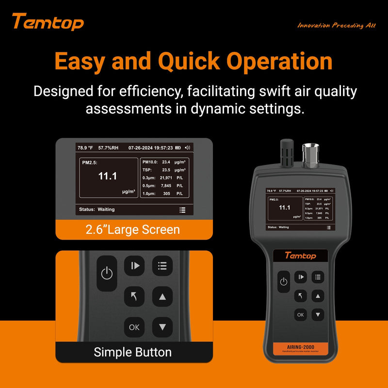 Temtop Airing 2000 3 - channel Handheld Particle Counter Dust Monitor with Pumped PM Sensor, Three Outputs of Particle Numbers 0.3μm, 0.5μm, 1.0μm, Concentrations of Three Particles Types PM2.5, PM10, TSP, Temp & Humidity Detector - Elitech Technology, Inc.
