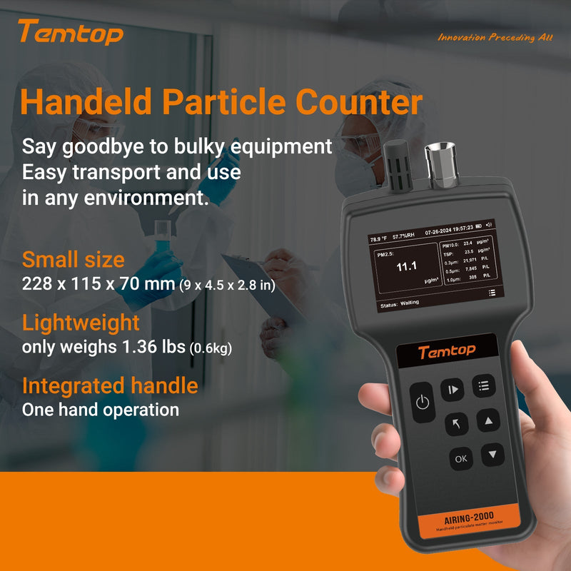 Temtop Airing 2000 3 - channel Handheld Particle Counter Dust Monitor with Pumped PM Sensor, Three Outputs of Particle Numbers 0.3μm, 0.5μm, 1.0μm, Concentrations of Three Particles Types PM2.5, PM10, TSP, Temp & Humidity Detector - Elitech Technology, Inc.