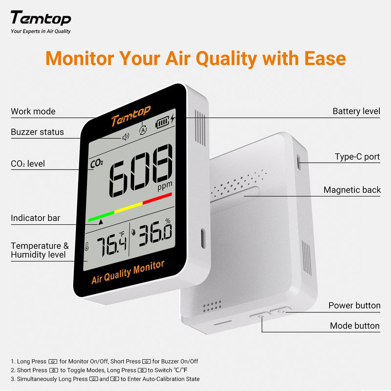 Temtop C1 CO2 Monitor Air Quality Monitor, Indoor Carbon Dioxide Detector, Tester for CO2, Temperature and Humidity - Elitech Technology, Inc.