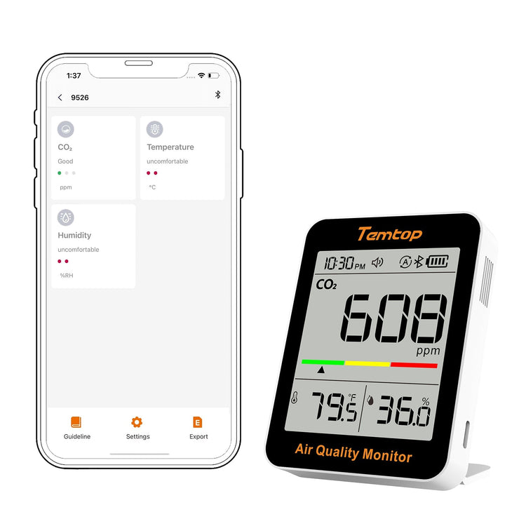 Temtop C1+ CO2 Monitor Indoor Air Quality Monitor for CO2, Temperature and Humidity with App and Data History - Elitech Technology, Inc.
