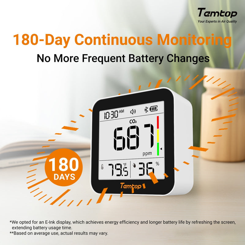 Temtop C10 2nd E - Ink Display CO2 Monitor Indoor Air Quality Monitor for CO2, Temperature and Humidity with App and Data History - Elitech Technology, Inc.