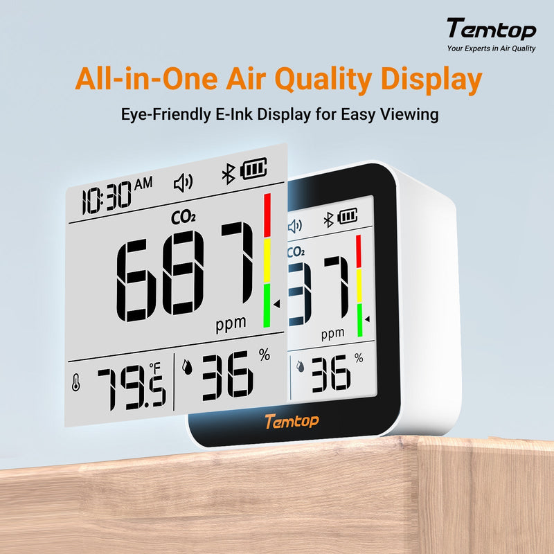 Temtop C10 2nd E - Ink Display CO2 Monitor Indoor Air Quality Monitor for CO2, Temperature and Humidity with App and Data History - Elitech Technology, Inc.