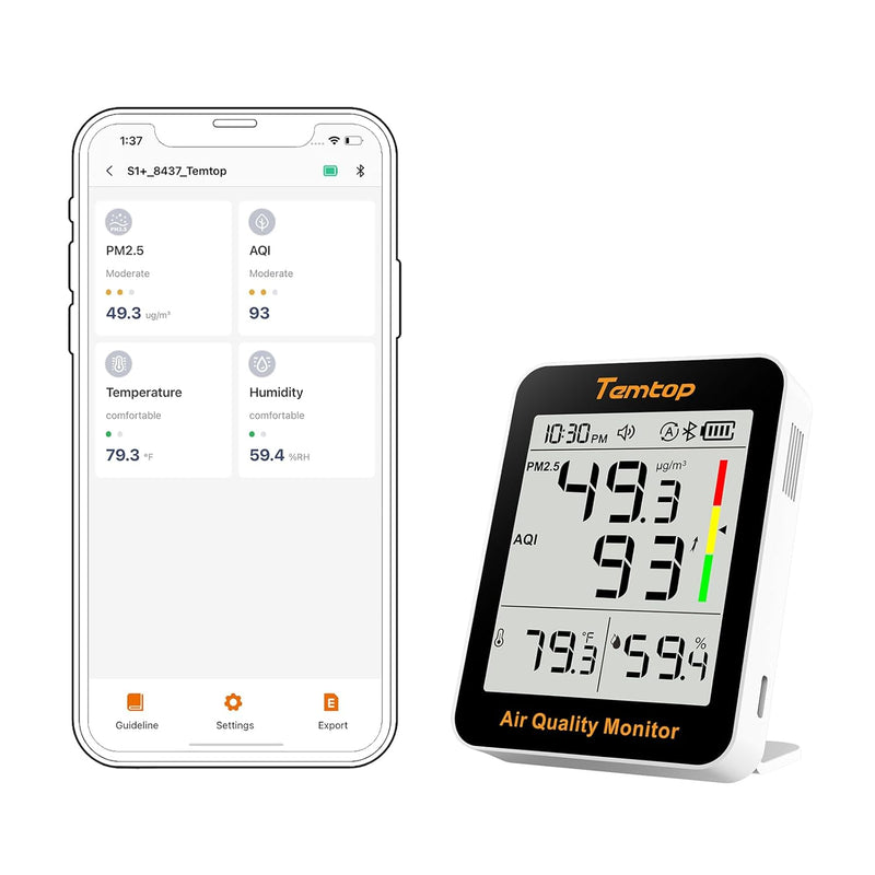 Temtop S1+ Bluetooth Indoor Air Quality Meter Temperature and Humidity AQI PM2.5 Monitor with APP Control - Elitech Technology, Inc.