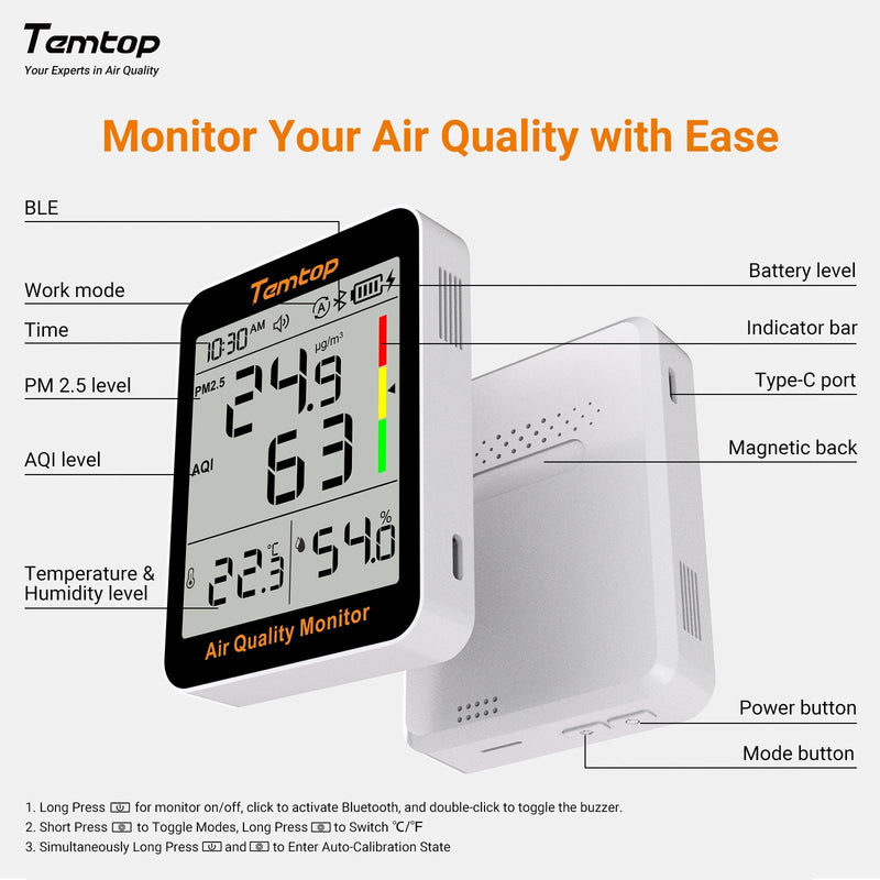 Temtop S1+ Bluetooth Indoor Air Quality Meter Temperature and Humidity AQI PM2.5 Monitor with APP Control - Elitech Technology, Inc.