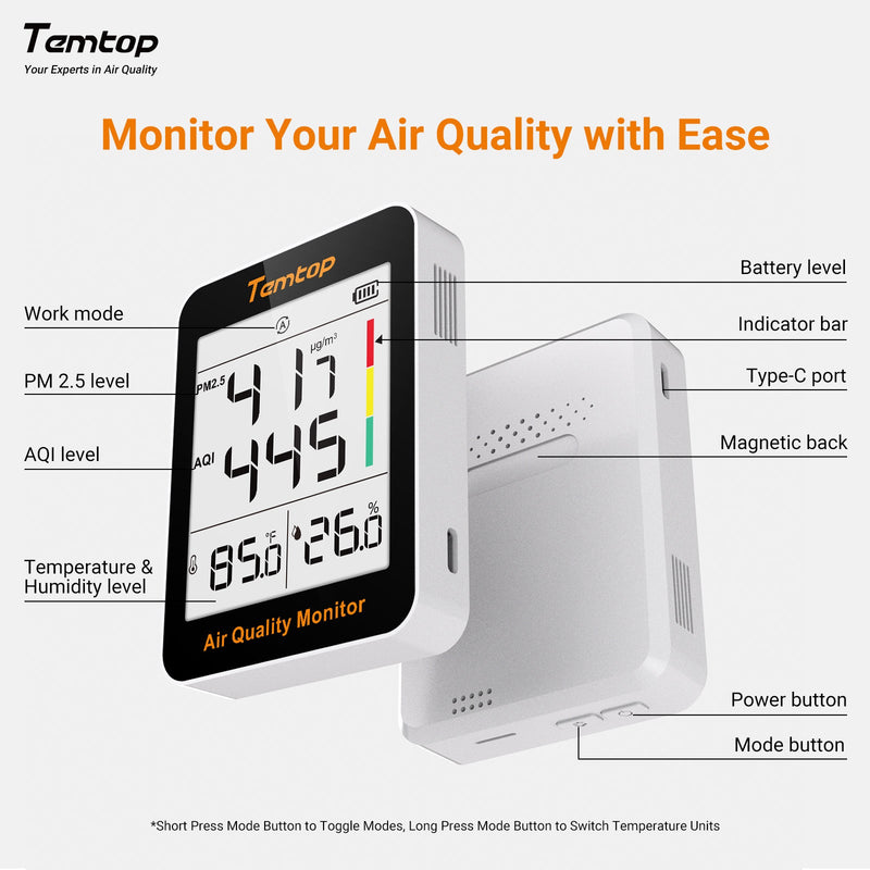 Temtop S1 - up Indoor Air Quality Meter Temperature & Humidity AQI PM2.5 Monitor with Accurate Sensor - Elitech Technology, Inc.