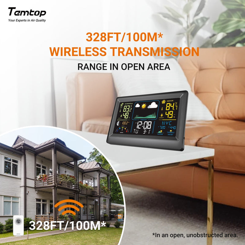 Temtop Weather Station W100 – Multifunctional Weather Station with Indoor/Outdoor Temperature, Humidity, Atmospheric Pressure, Weather Forecast, Moon Phase, and Alarm Features - Temtop