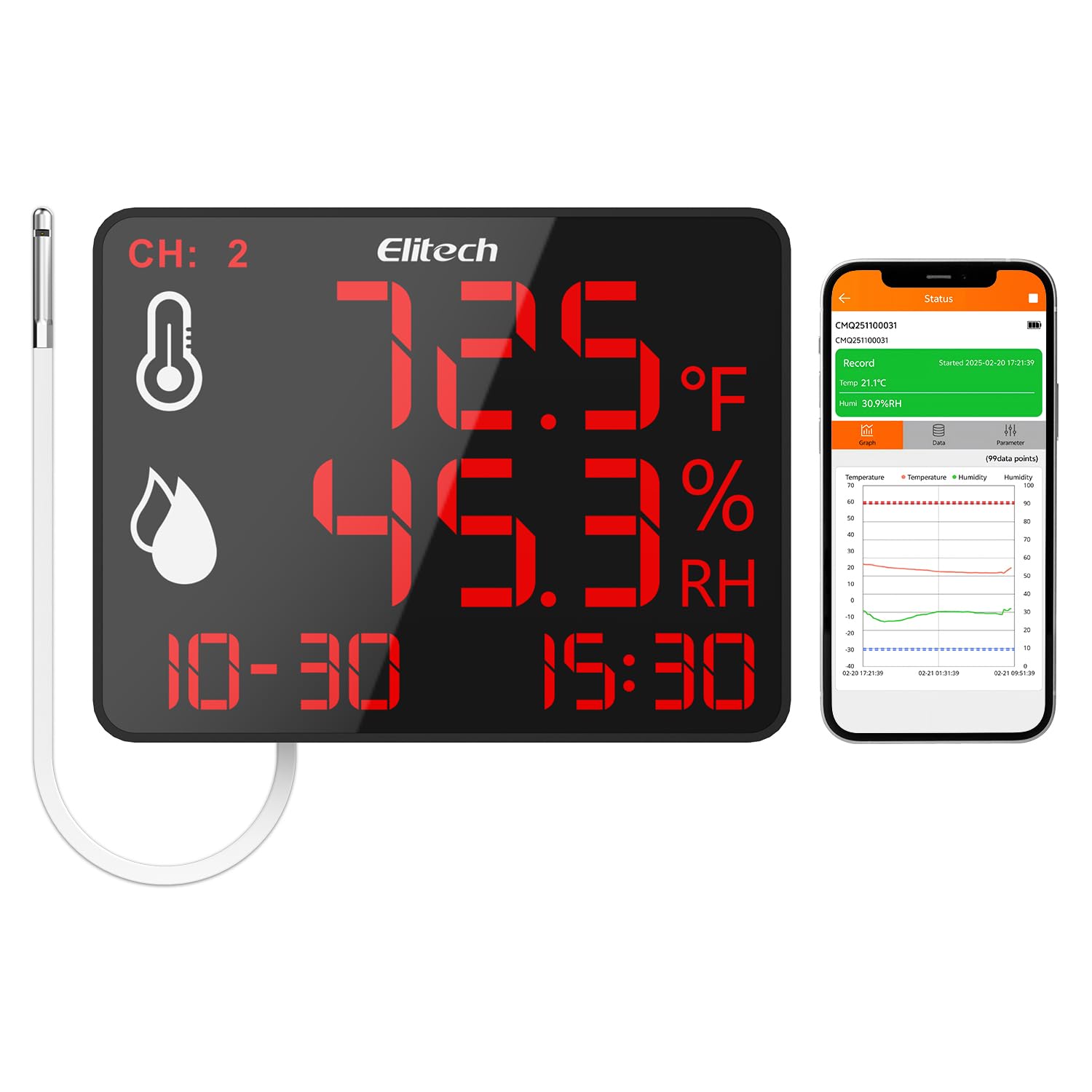 Elitech GSP-6 Enregistreur numérique de données de température et d'humidité Deux sondes détachables -40℉ à 158℉ Précision maximale jusqu'à ±0,6℉ Certificat d'étalonnage d'alarme audio Affichage de la valeur max/min