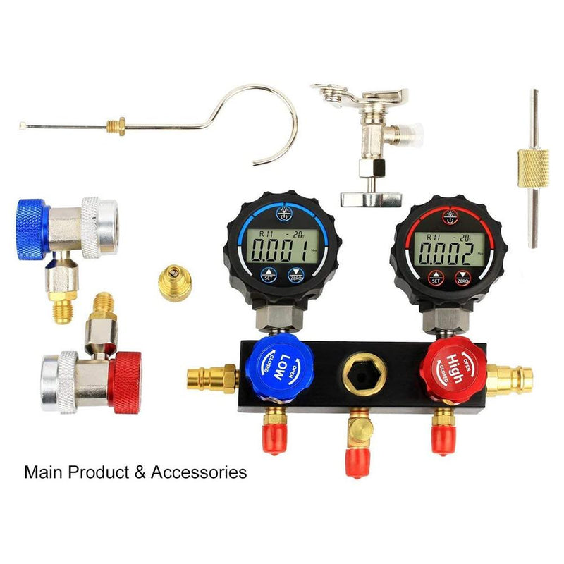 Elitech DMG-1 AC Manifold Gauge Set 3 Way Fits R134A R410A and R22 Refrigerants with Hoses Coupler Adapters+ Carrying Case - Elitechustore