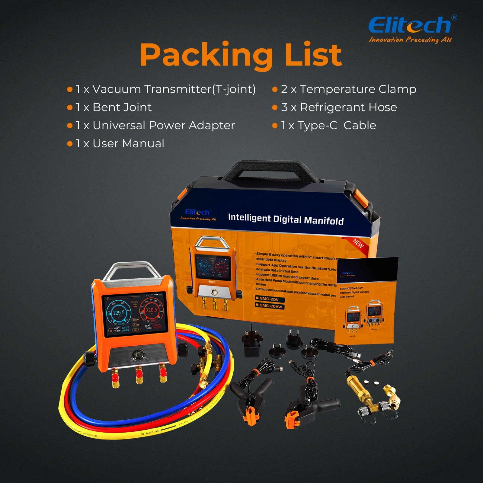Elitech EMG-20V Intelligent HVAC Digital Manifold 2 Valves with 5” Smart Touch Screen - Elitech Technology, Inc.