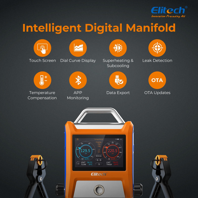 Elitech EMG-20V Intelligent HVAC Digital Manifold 2 Valves with 5” Smart Touch Screen