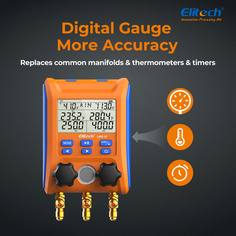 Elitech LMG-10 HVAC Digital Manifold Gauge 2 Valves with Thermometer Clamps - Elitech Technology, Inc.