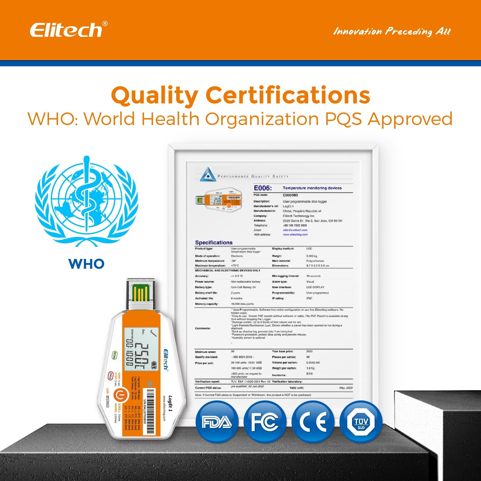 Elitech LogEt 1 Temperature Data Logger Single Use PDF Report USB Port 16000 Points - Elitech Technology, Inc.