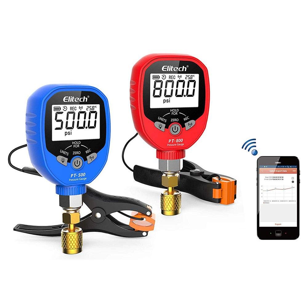 Elitech PT-500&PT-800 Wireless Refrigeration Digital Manifold Gauge Set HVAC A/C Pressure Gauge with Temperature Test Clip and Charging Hoses - Elitech Technology, Inc.