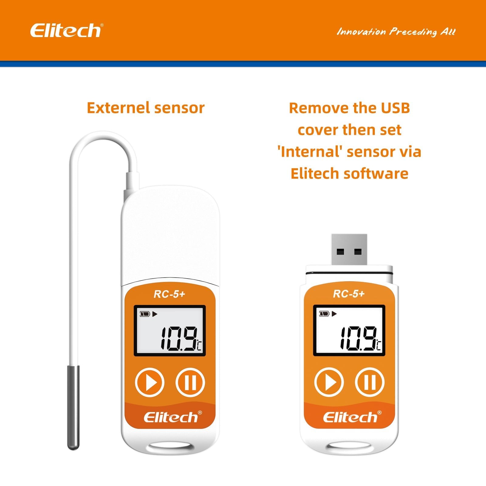 Elitech RC-5+ TE PDF USB Reusable Temperature Data Logger Internal Sensor External Probe -22℉~158℉ - Elitech Technology, Inc.